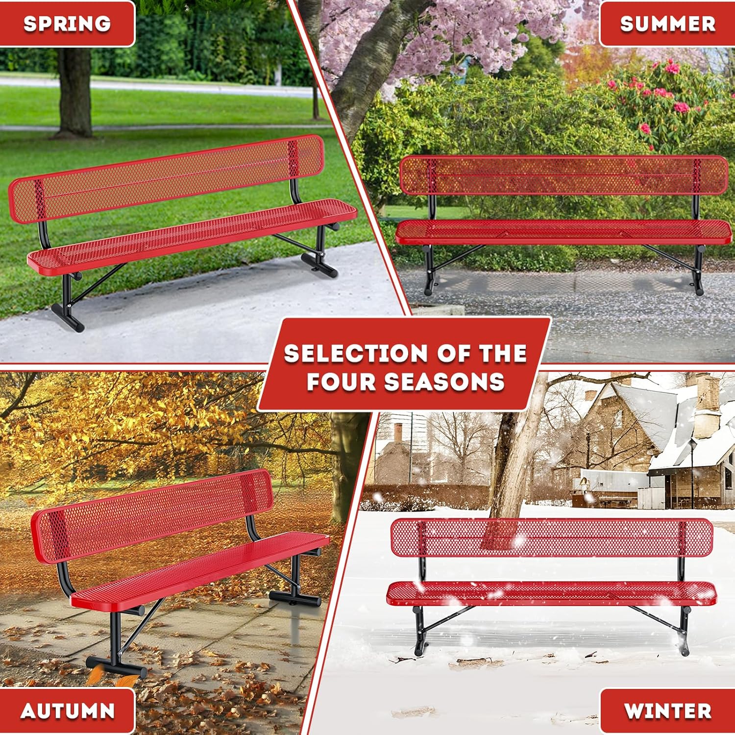 8Ft Heavy Duty Park Bench with Back Portable Frame, Outdoor Steel Bench with Backrest, Expanded Metal Mesh Bench for Lawn, Park, Deck, Garden, Patio, Porch, Red