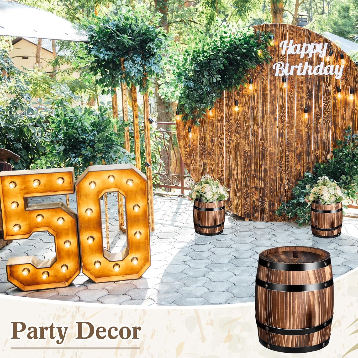 4 Pcs Wood Wine Barrel Vase 8" x 6.5" Vintage Flower Vase Container Rustic Barrel Planter for Wedding Reception Table Decoration Home Indoor Outdoor Garden Kitchen Party