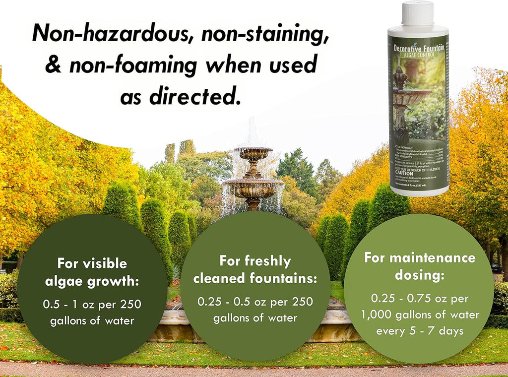 Fountain Algaecide and Clarifier - 8oz - Kills and Inhibits All Types of Algae Growth, Formulated for Small Ponds and Water Features, Treats up to 8,000 Gallons