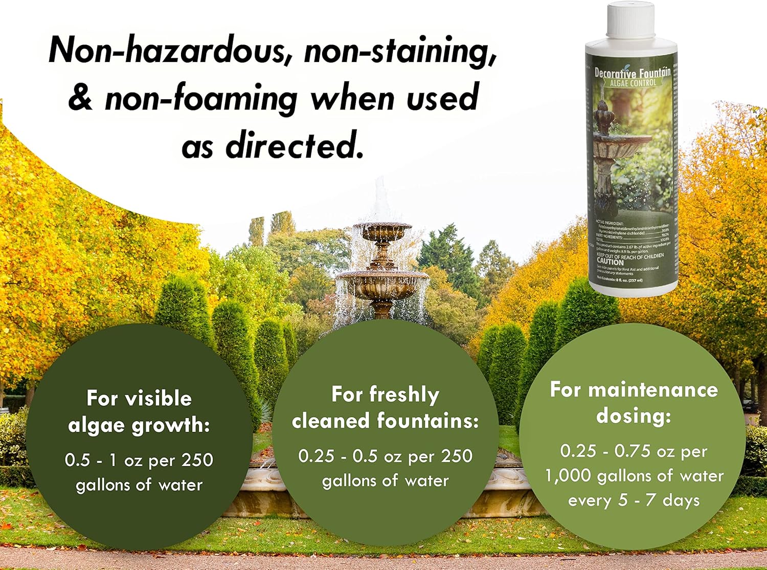 Fountain Algaecide and Clarifier - 8oz - Kills and Inhibits All Types of Algae Growth, Formulated for Small Ponds and Water Features, Treats up to 8,000 Gallons