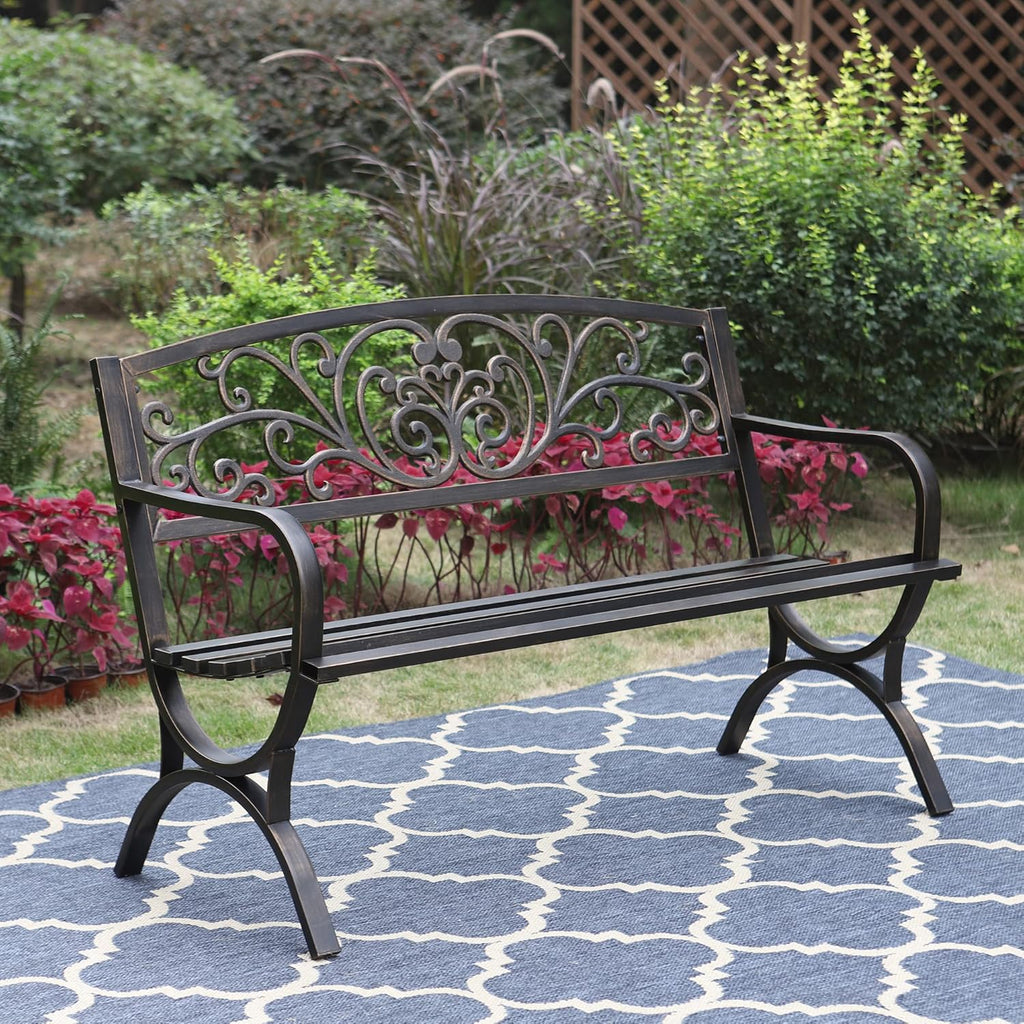 Sophia & William Metal Outdoor Bench, 50" Outdoor Garden Bench Patio Park Bench, Cast Iron Park Benches for Outside with Floral Design Backrest, Bronze