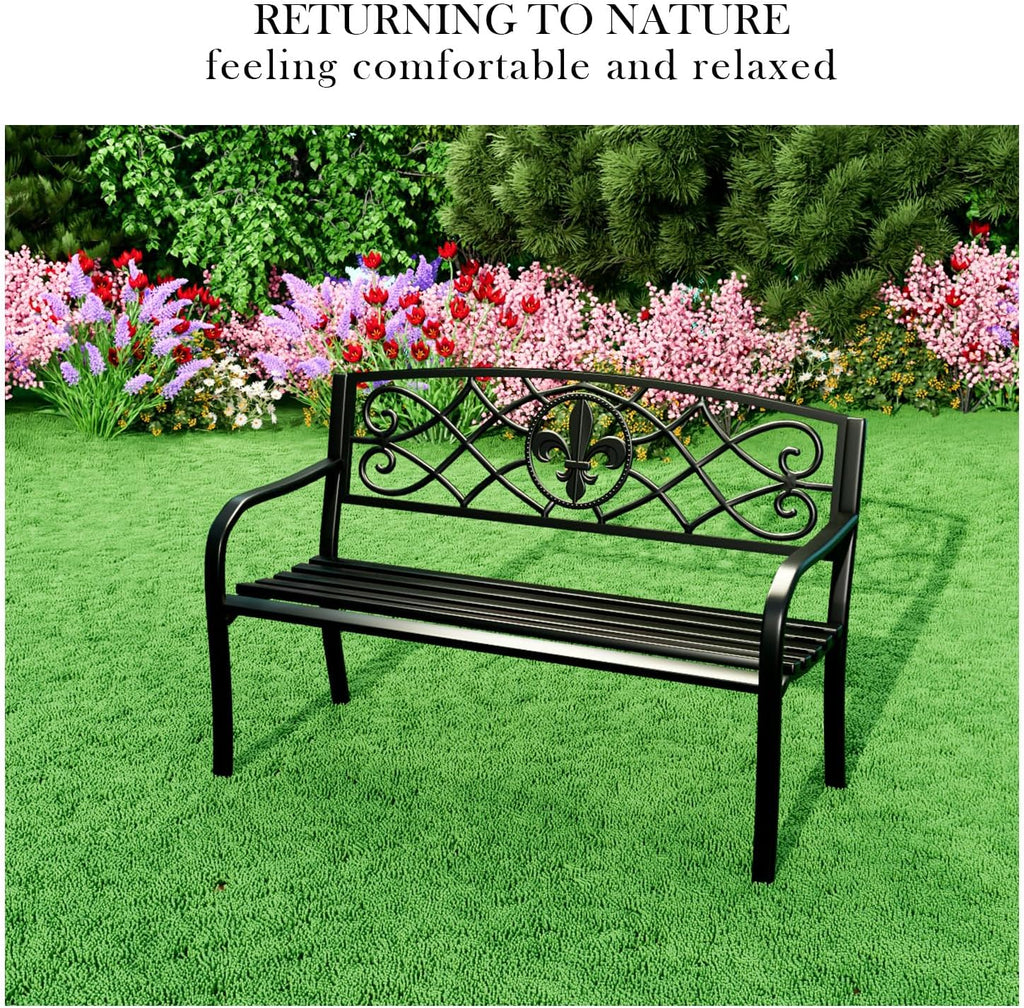 YLGJ&TIDY 50" Outdoor Bench, Metal Garden Bench, Patio Park Bench with Backrest & Armrests, Rust-Resistant, Perfect for Gardens, Parks, Porch, Lawn and Yard (BENCH01)