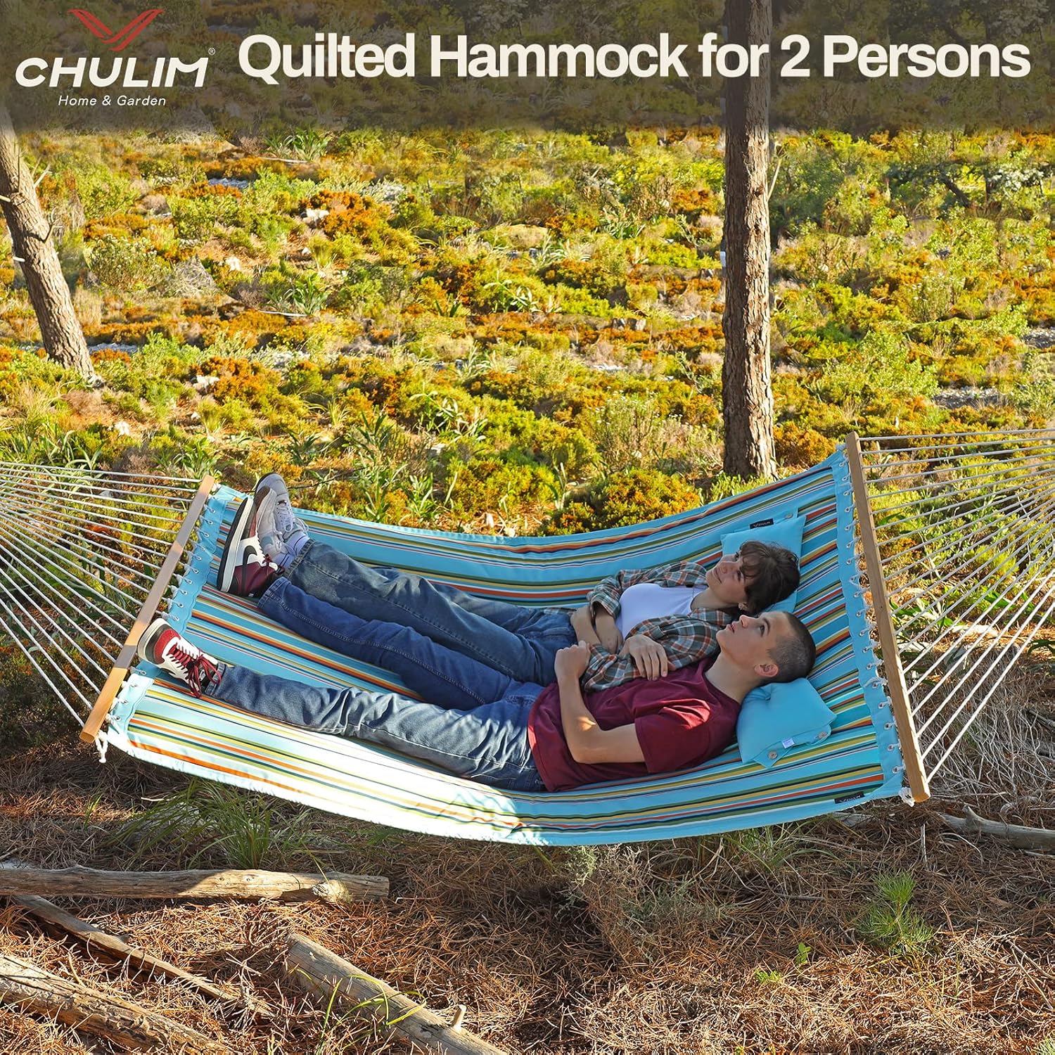 12 FT Double Quilted Fabric Hammock with Spreader Bars and Pillow 450 LBS Weight Capacity 2 Person Hammock for Outdoor Patio Backyard Poolside