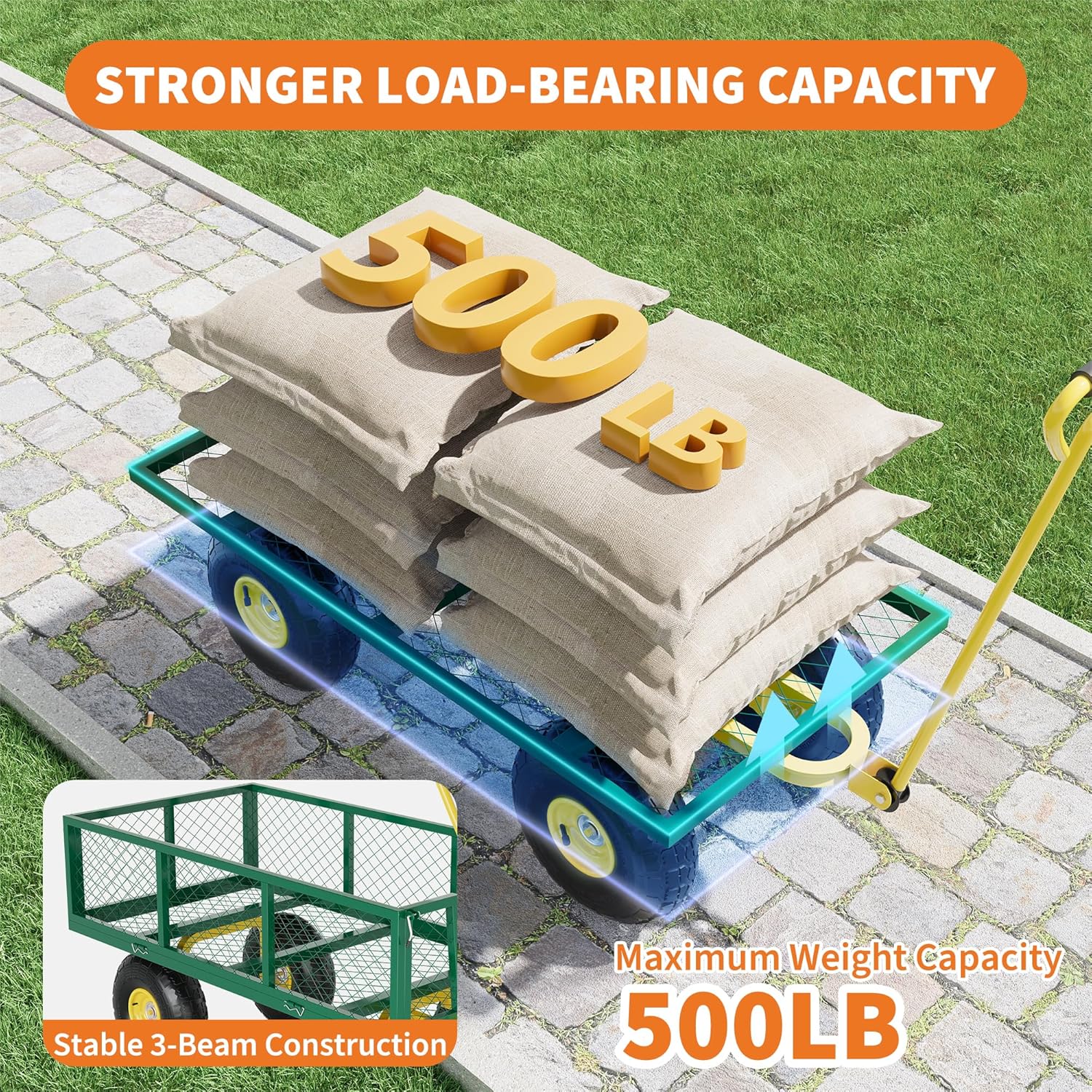 500 Lbs Garden Wagon, 2-in-1 Heavy-Duty Steel Garden Cart, with 10 Inch All-Terrain Tires and Removable Mesh Side Panels, 180° Rotating Handle, Metal Utility Yard Trailer, Outdoor Gardens Wagon Cart