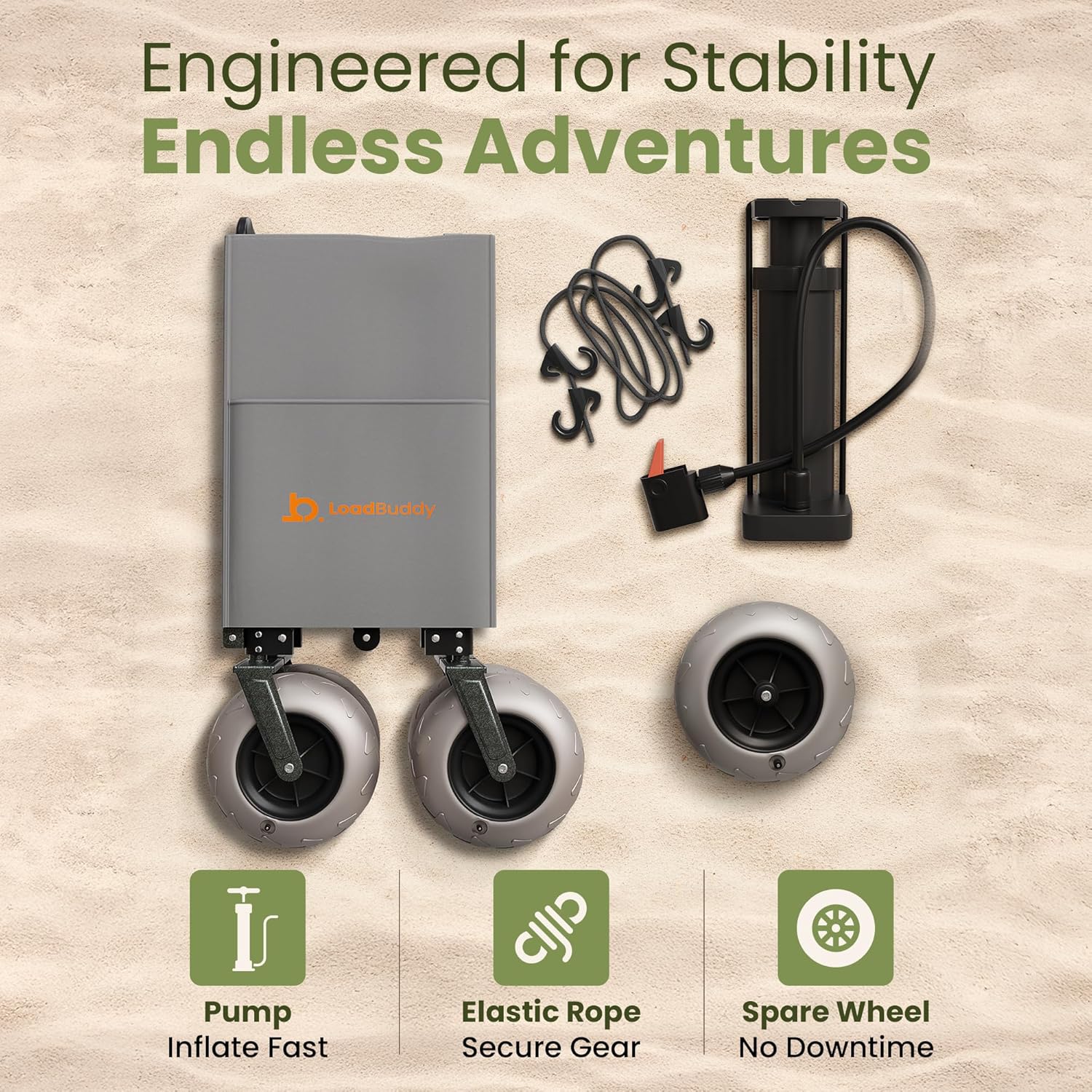 Foldable Beach Wagon – Gray Orange – Collapsible Utility Cart with Inflatable Wheels, Pump, Storage & Rope – Heavy Duty Garden, Grocery & Camping Trolley