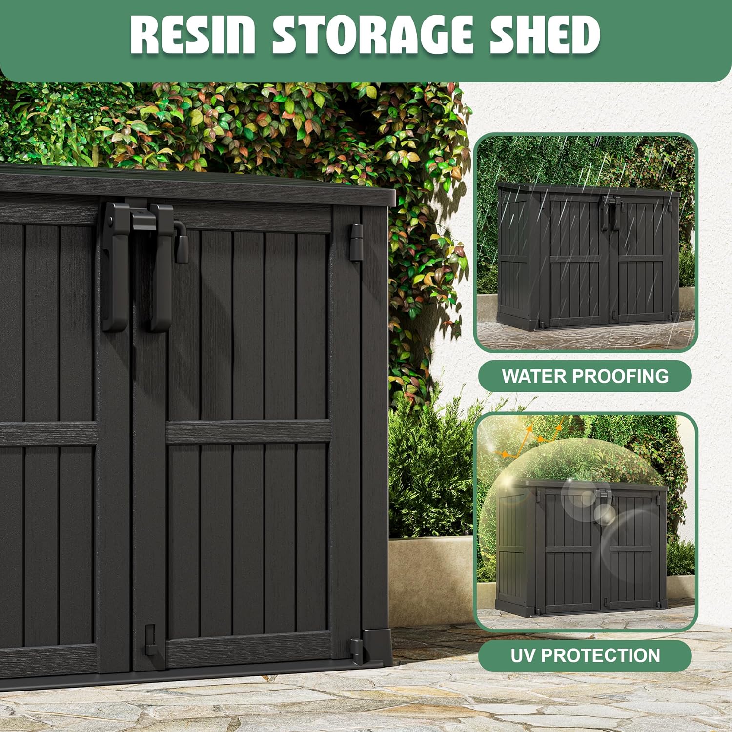 Horizontal Resin Storage Shed 36 Cu Ft with Lockable Doors, Portable Outdoor Storage Cabinet -Easy to Assemble,Sheds & Outdoor Storage, Waterproof Outdoor Storage Box for Backyards,Black
