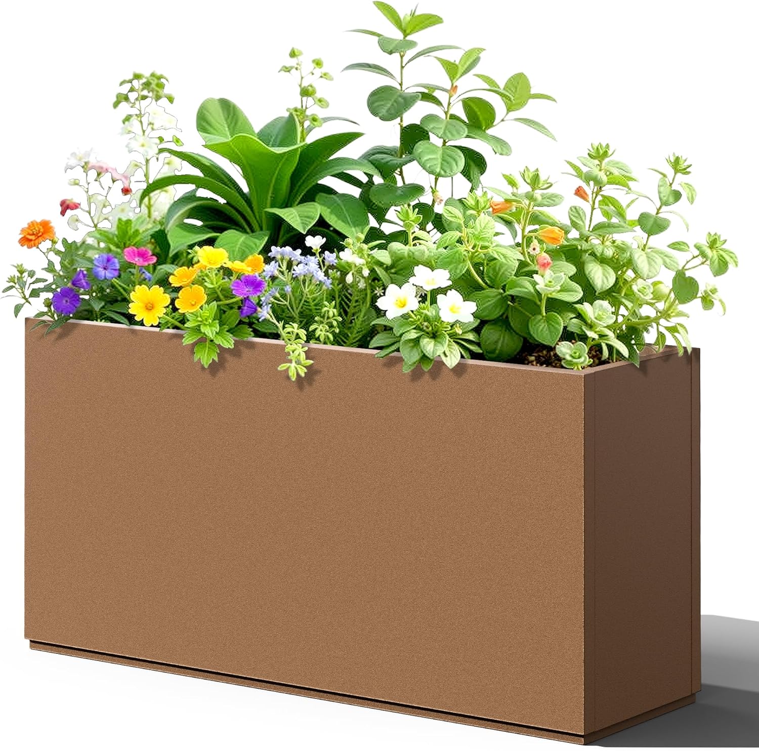 Rectangle Planter for Indoor & Outdoor, Tall and Long Planter Boxes with Drainage Holes, Mental Planter Box All-Weather Use for Plants, Flowers, 32" L x 10" W x 16.3" H, Brown