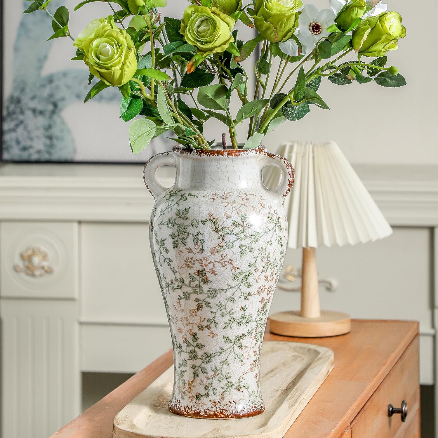 Enra Farmhouse Vintage vase with Handle,12.6 in Ceramic Chinoiserie Floral Vase,Green and Beige Decorative Flower vase,Large Rustic Vases for Home Decors, Living Room, Bookshelf, Office