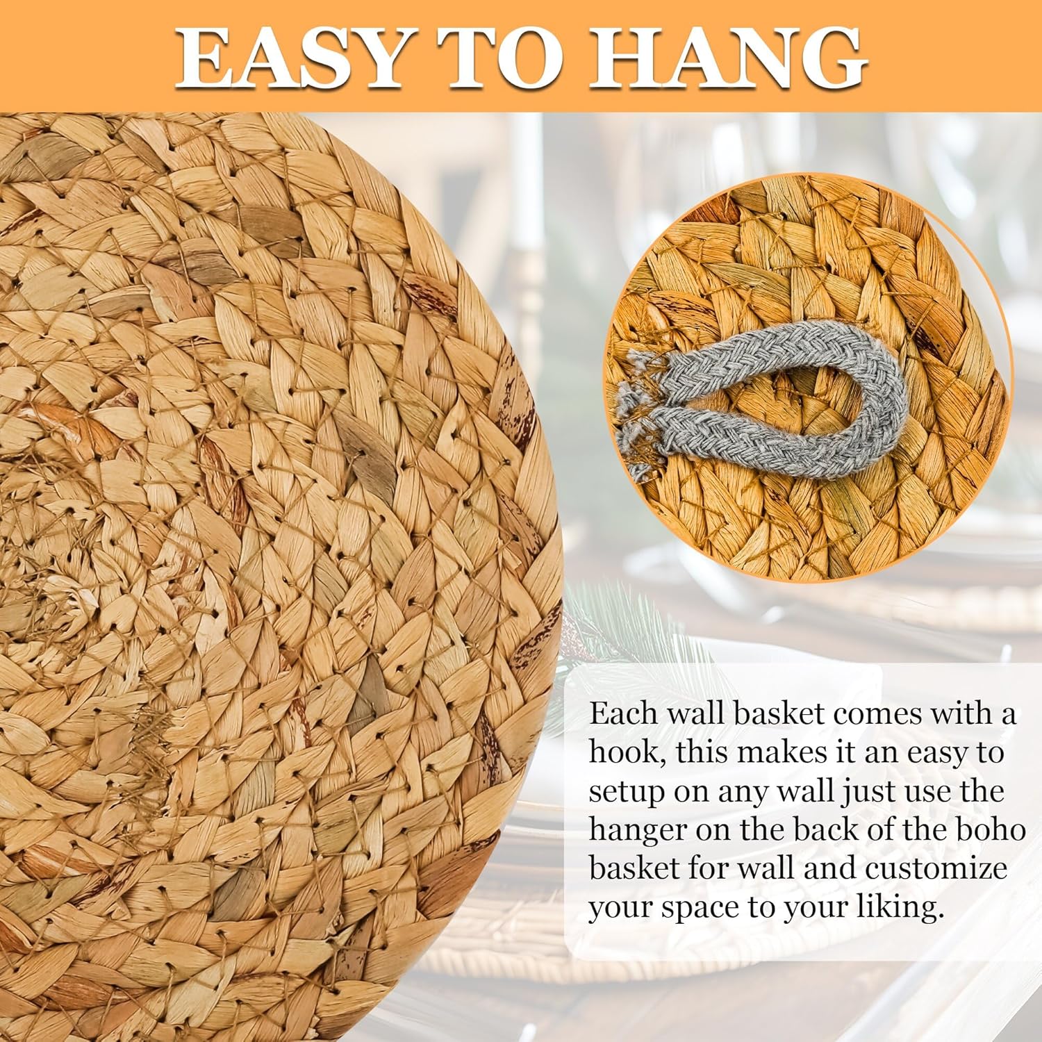 Boho Wall Basket Decor Set of 9, Woven Hanging Wall Decor Seagrass Rattan Wicker Round Handmade Rustic Flat Elegant Wall Art for Farmhouse Living Rooms Bedrooms Display Table Settings Kitchen Home