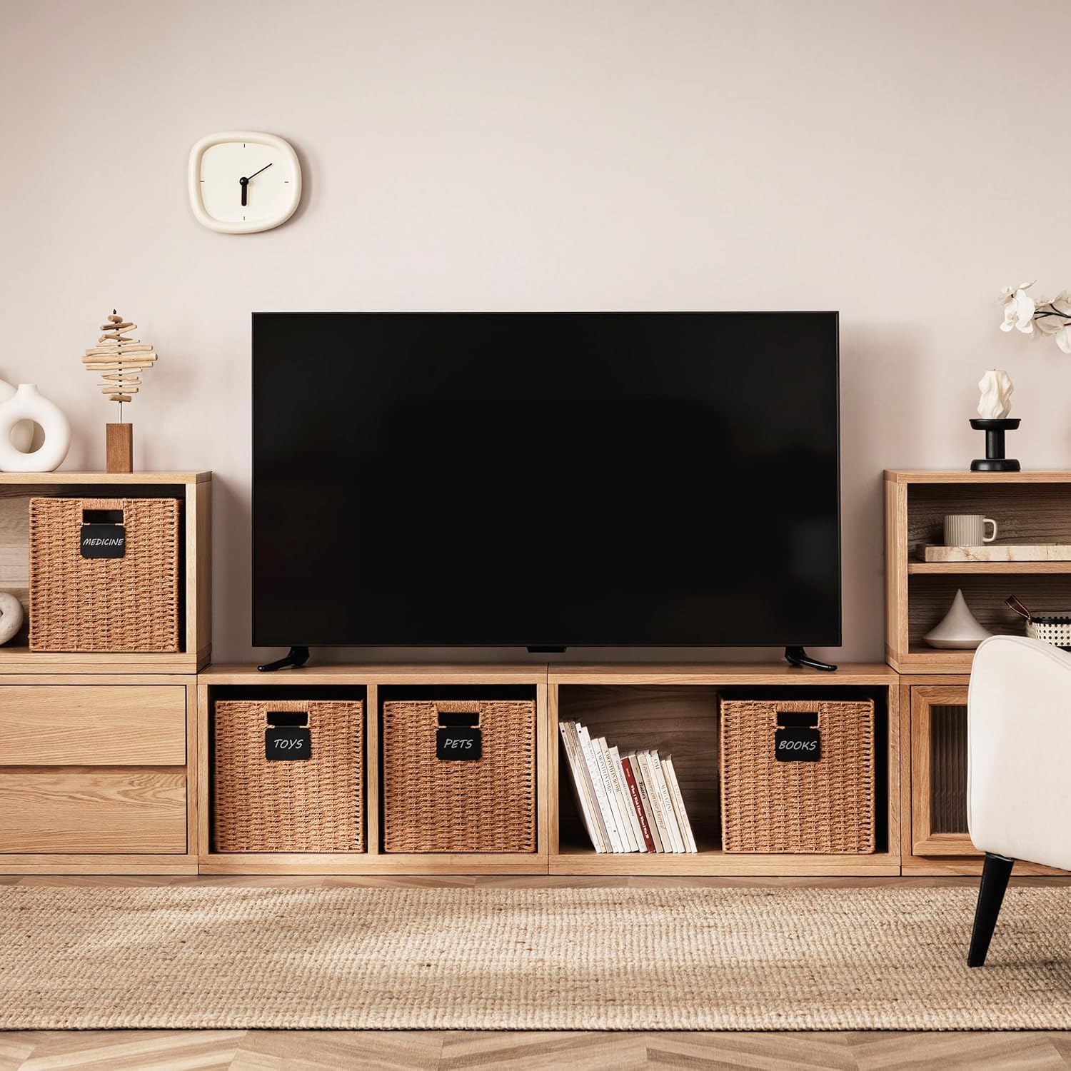 UBBCARE 2 Pack Wicker Basket, 13×13 Storage Cubes with Label, Foldable Cube Storage Bin with Handle, Square Storage Basket for Shelves, Woven Paper Rope Basket for Organizing, Caramel