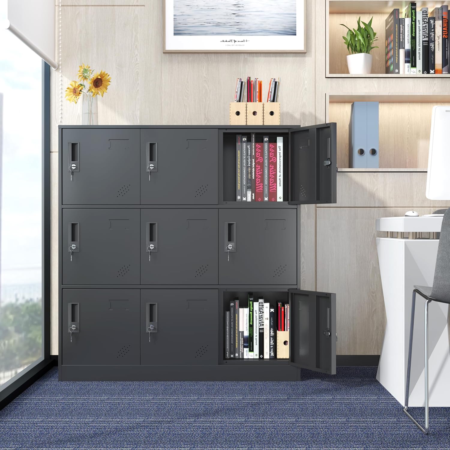 9 Door Metal Storage Locker for Employee,School,Office,Gym,Garage,Locker Cabinet with Lock and Card Slot (9 Door, Black)