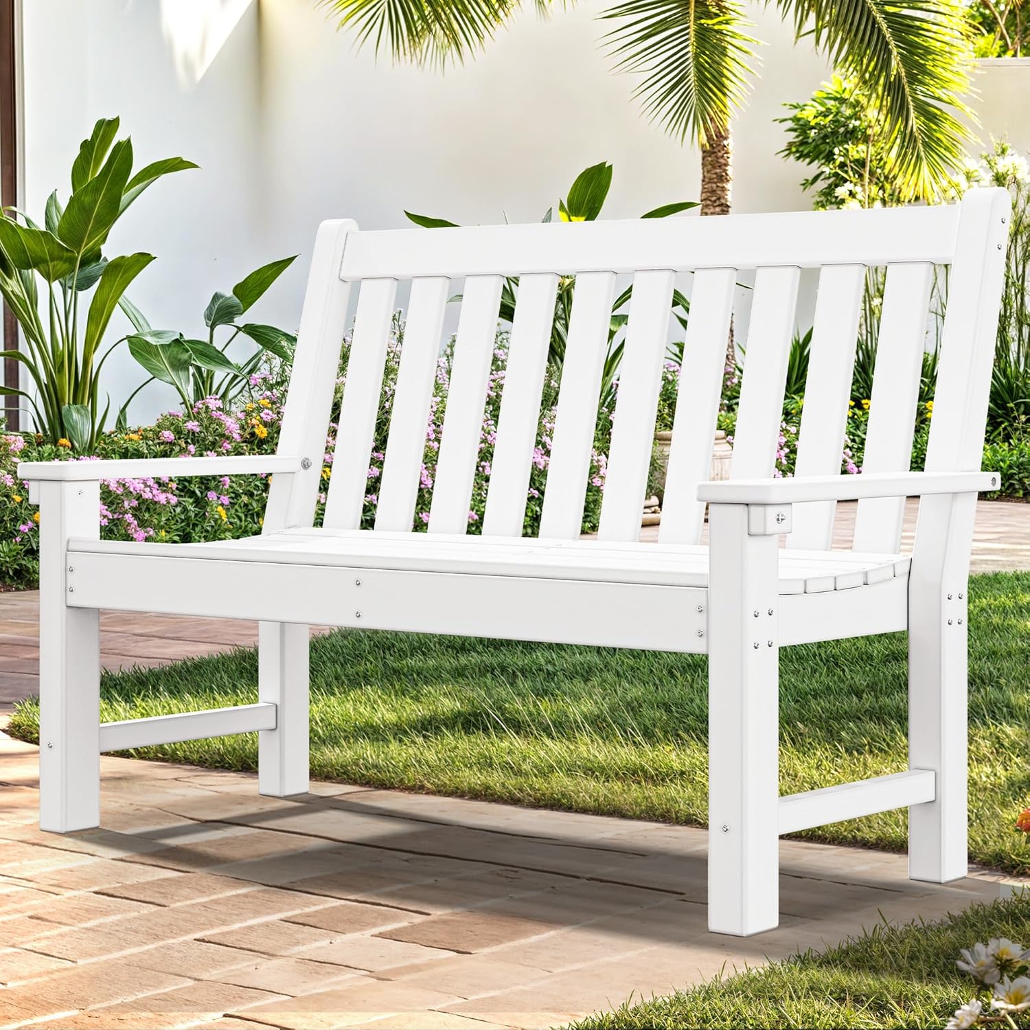 YITAHOME Garden Bench, All Weather Outdoor Bench for 2-3 Persons, Fade/Rot Resistance Patio Benches for Park, Porch, Patio & Backyard (White)