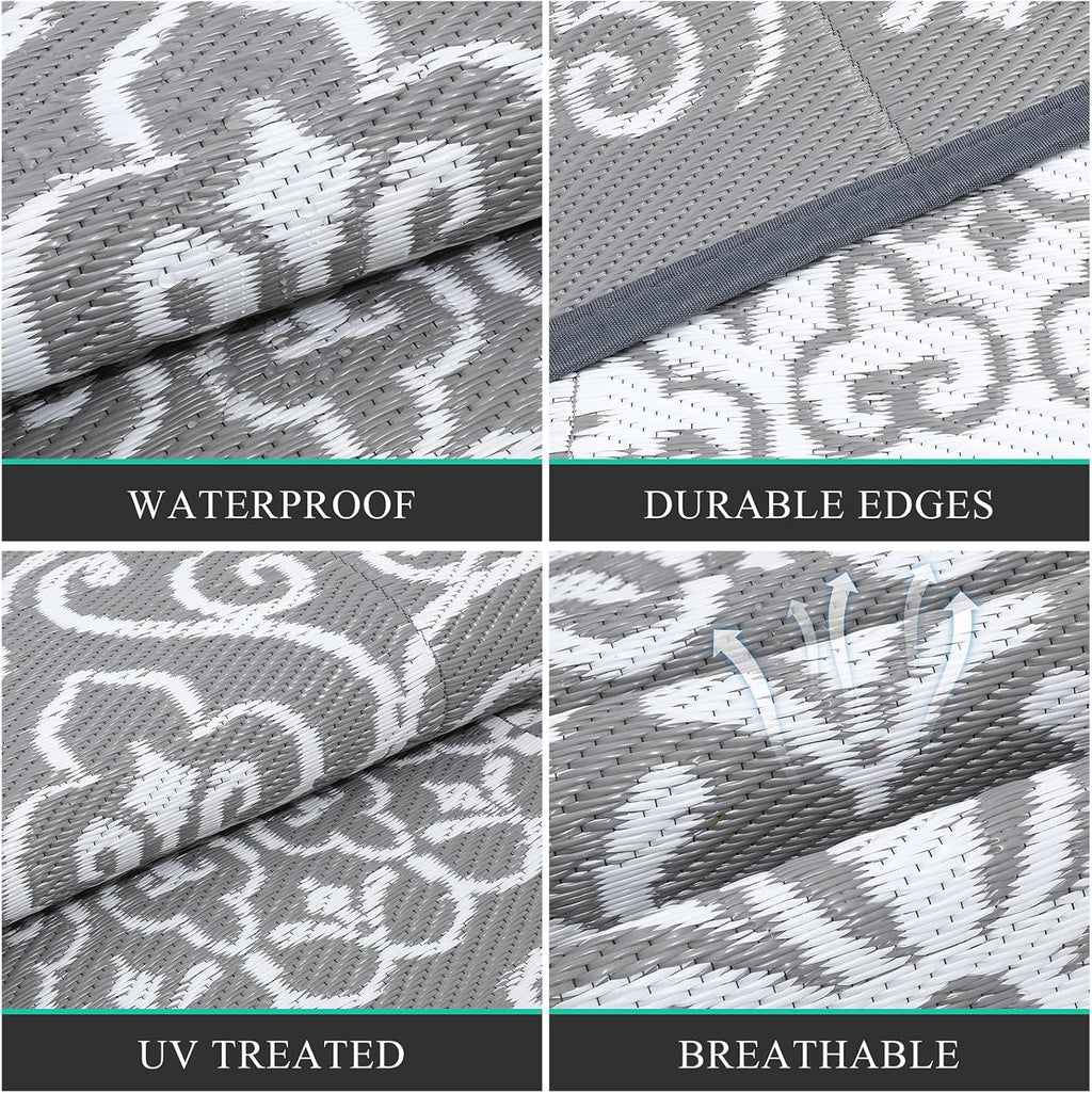 Pauwer Waterproof Outdoor Rug 6x9, Reversible Plastic Straw Patio Camping Rug, Indoor Outdoor RV Mat Carpet for Deck, Camper, Porch, Balcony, Backyard, Picnic, Floral Grey