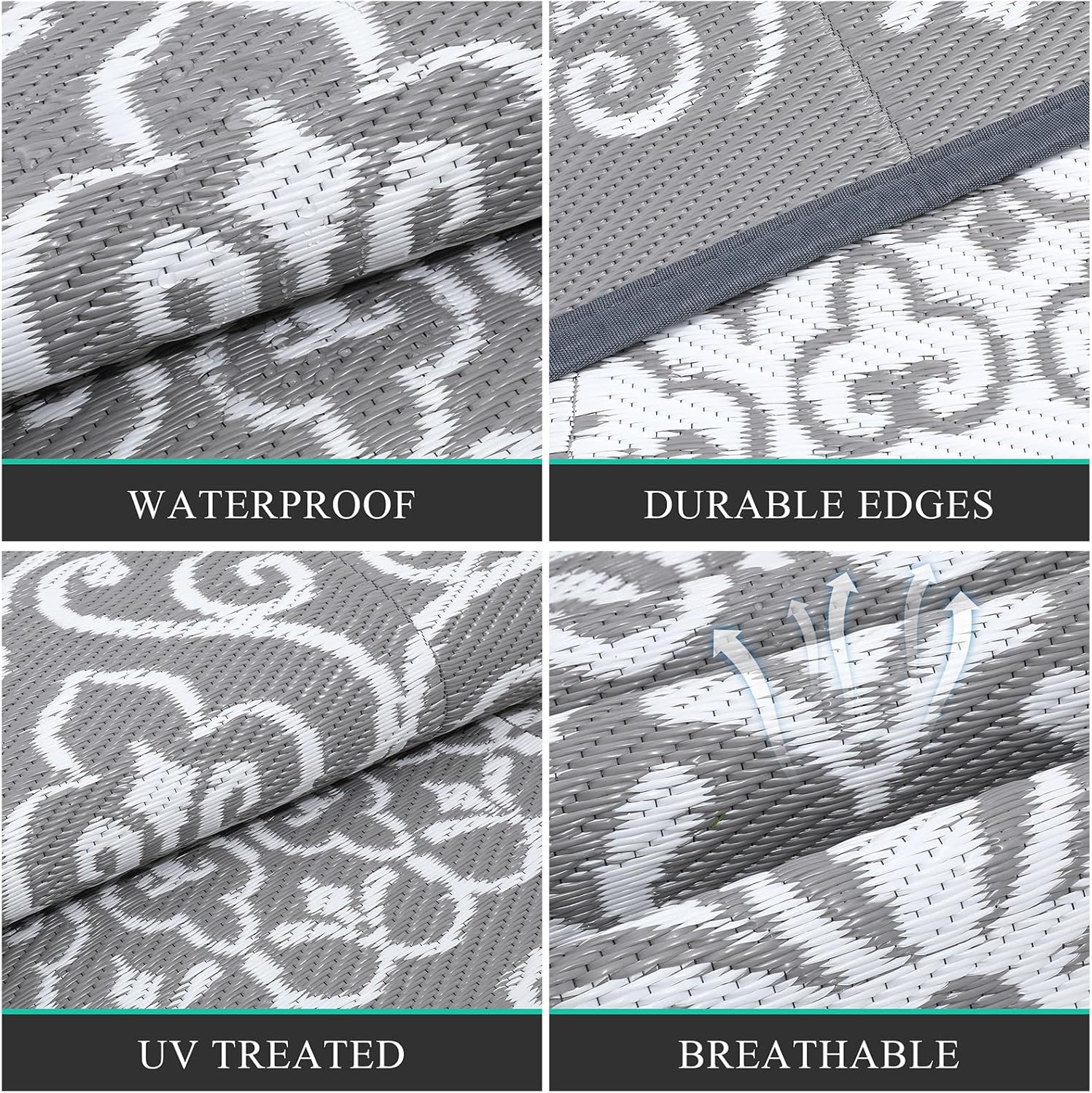 Pauwer Waterproof Outdoor Rug 9x12, Reversible Plastic Straw Patio Camping Rug, Indoor Outdoor RV Mat Carpet for Deck, Camper, Porch, Balcony, Backyard, Picnic, Floral Grey