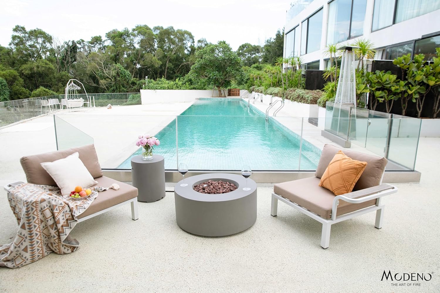 AMS Fireplace | Modeno Tramore Package | Light Gray Liquid Propane Gas Fire Pit Table for Outside Patio Bundle with Tank Cover, Wind Guard, and SS Burner Lid | Free Ice Bucket & Rubber Mat