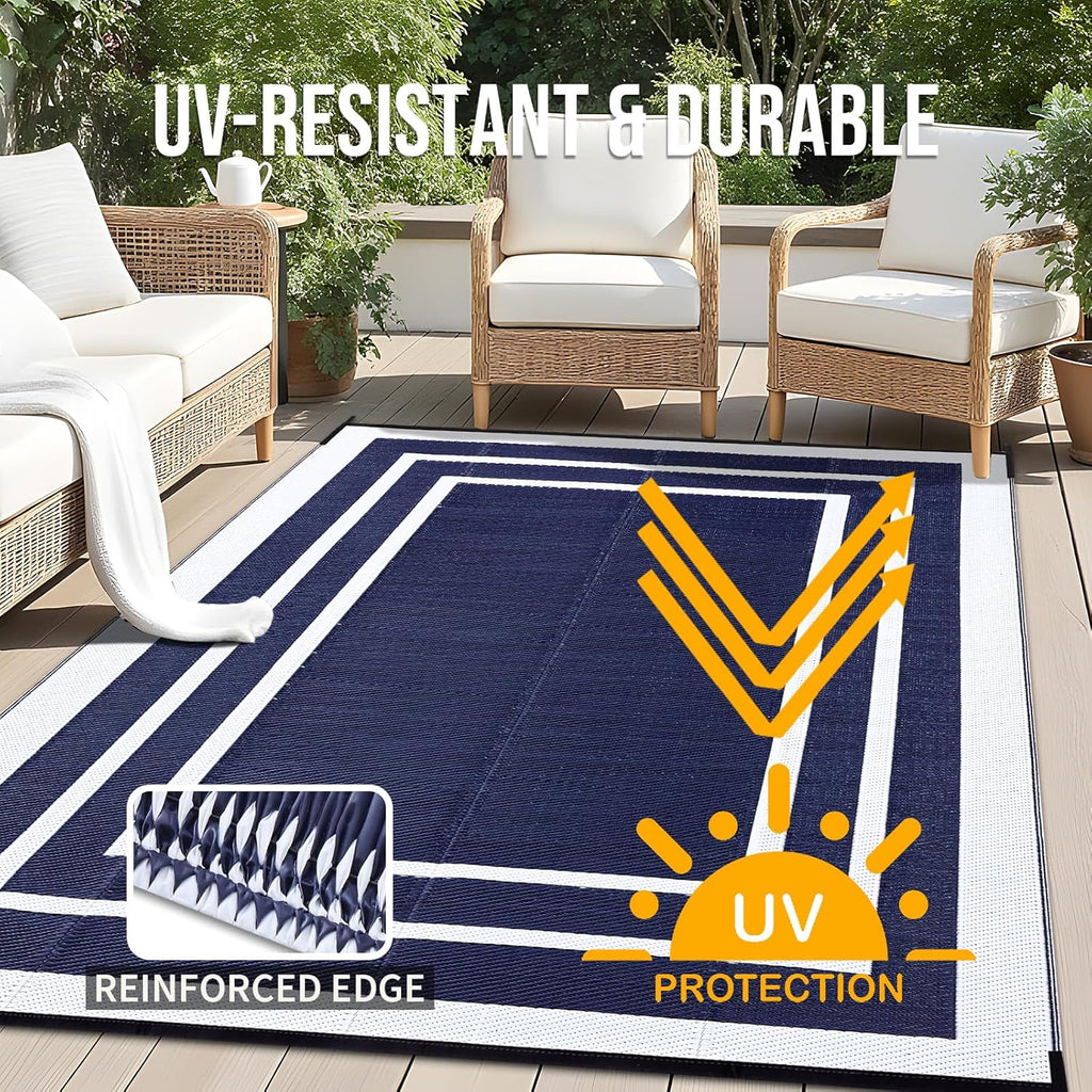 OLANLY Outdoor Rug 9x12 ft Waterproof, Reversible Outdoor Plastic Straw Rug, RV Mat, Indoor Outdoor Carpet Clearance for Patio, Camping, Balcony, Deck, Backyard, Navy & White