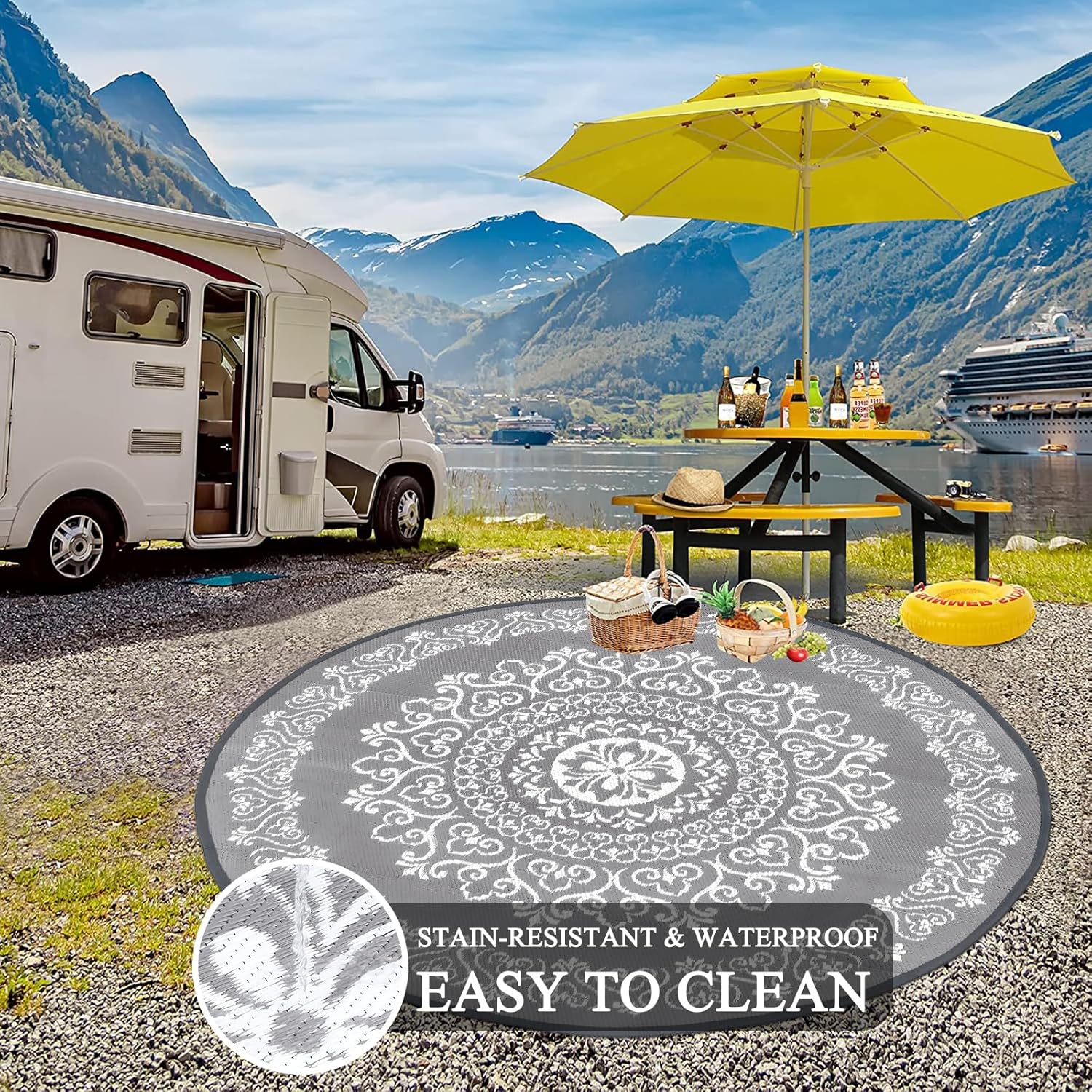 Pauwer Waterproof Outdoor Rug 6ft, Reversible Plastic Straw Patio Camping Rug, Indoor Outdoor RV Mat Carpet for Deck, Camper, Porch, Balcony, Backyard, Picnic, Floral Grey