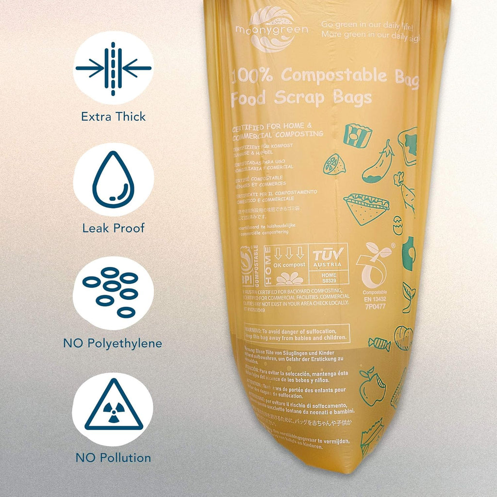 Compostable Trash Bags, 2.6 Gallon, 9.84 Liter, 200 Count, Extra Thick, Food Scrap Small Kitchen Waste Bags, US BPI ASTM D6400 and Europe OK Compost Home Certified