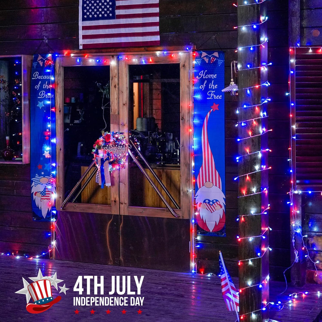 JMEXSUSS 4th of July Decorations Red White and Blue Lights, 33ft 100 LED String Light Indoor Plug-in, 8 Modes Patriotic 4th of July Lights for Indoor Outdoor Independence Day American Flag Holiday