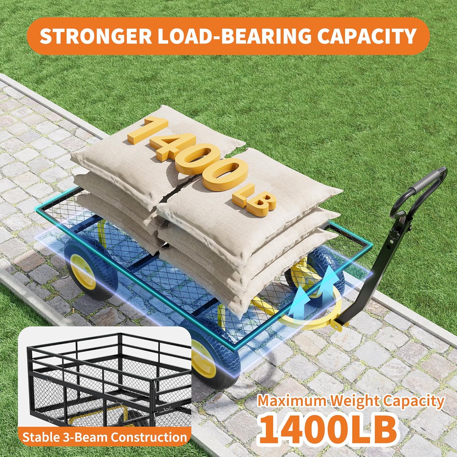 3-in-1 Heavy-Duty Steel Garden Cart, 1400 Lbs Garden Wagon, with 13 Inch All-Terrain Tires and Removable Mesh Side Panels, 180° Rotating Handle, Metal Utility Yard Trailer, Outdoor Gardens Wagon Cart