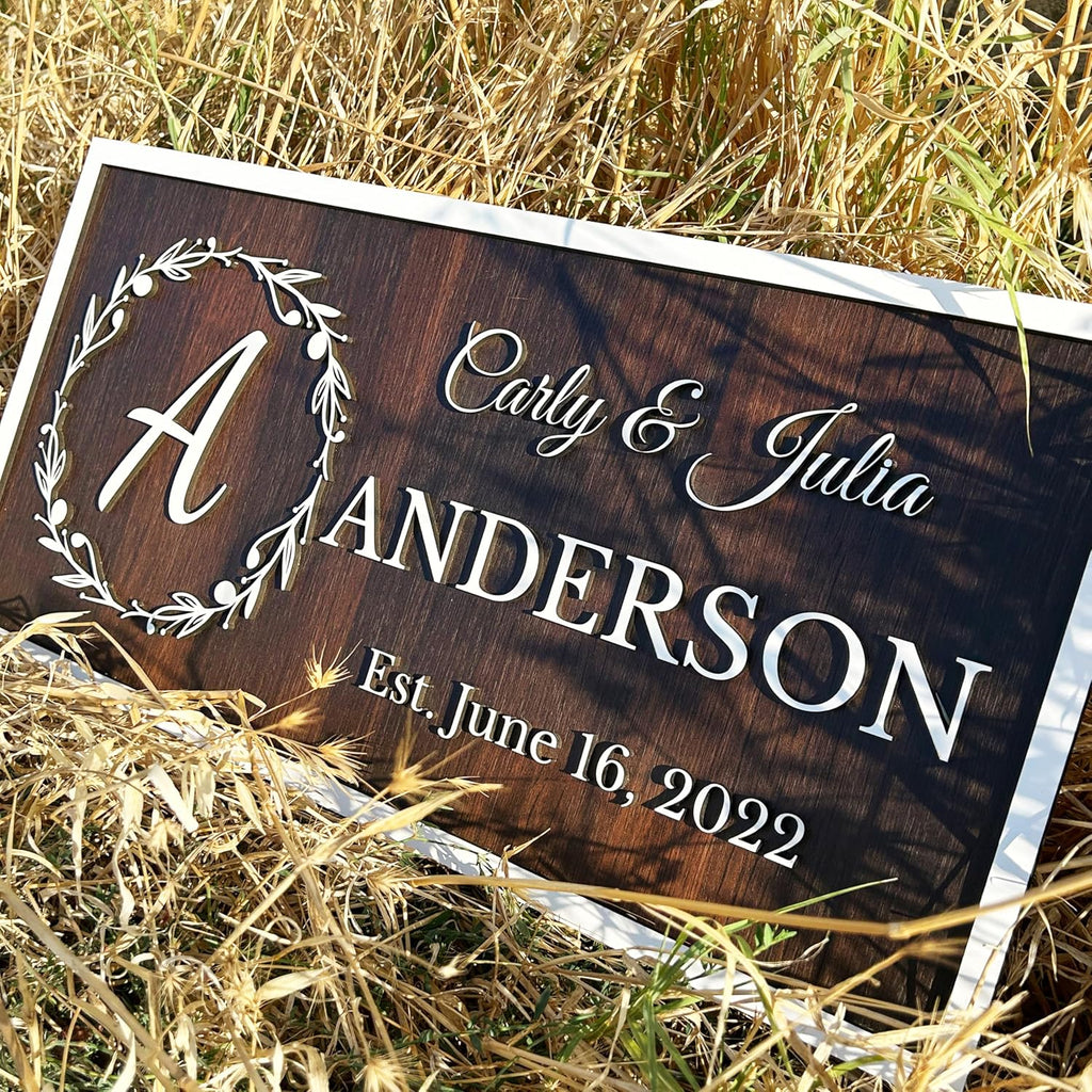 Personalized Wooden Monogram Family Name Sign with Couples Name, Custom Gift For Wife, Last Name Plaque with Initial & Established Date, Unique Wedding Gift
