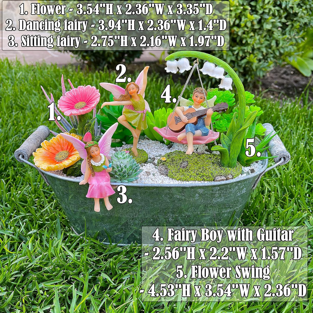 Mood Lab Fairy Garden - Dancing Swing Accessories Kit of 5 pcs - Miniature Garden Figurines Set - Outdoor or House Decor