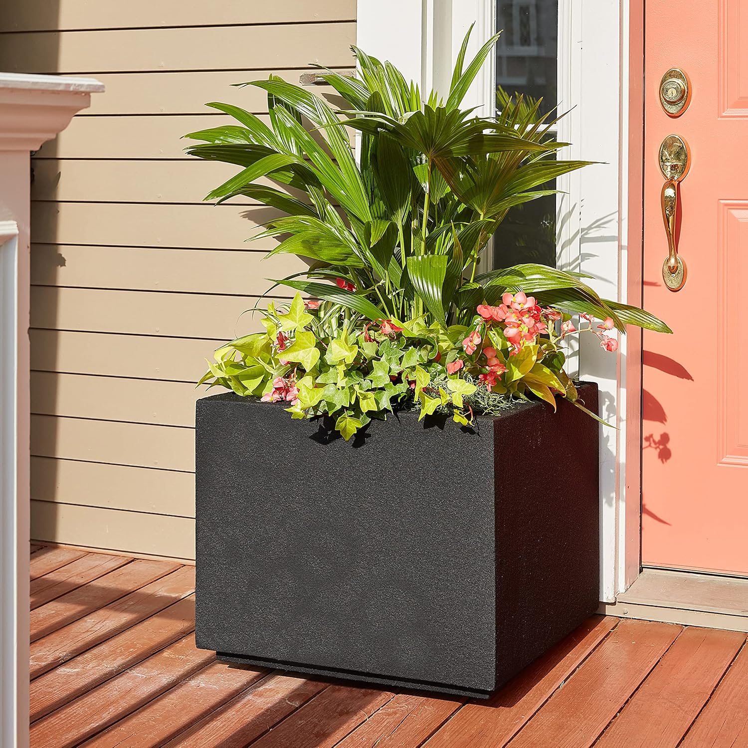 PolyStone Monterray Modern Outdoor/Indoor Square Planter, 23" L x 23" W x 19" H, Lightweight, Heavy Duty, Weather Resistant, Polymer Finish, Commercial Grade and Residential (Black)