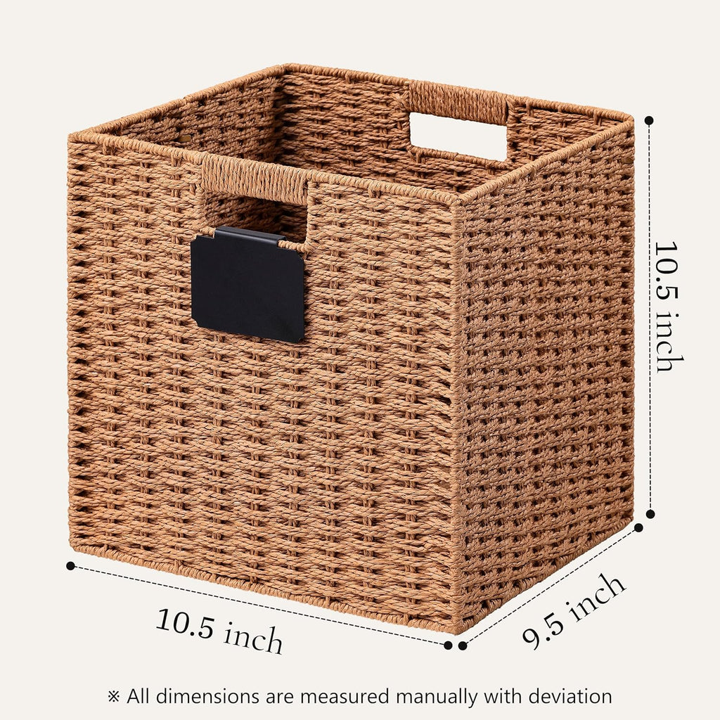 UBBCARE 4 Pack Wicker Basket, 10.5×10.5 Storage Cubes with Label, Foldable Cube Storage Bin with Handle, Square Storage Basket for Shelves, Woven Paper Rope Basket for Organizing, Caramel