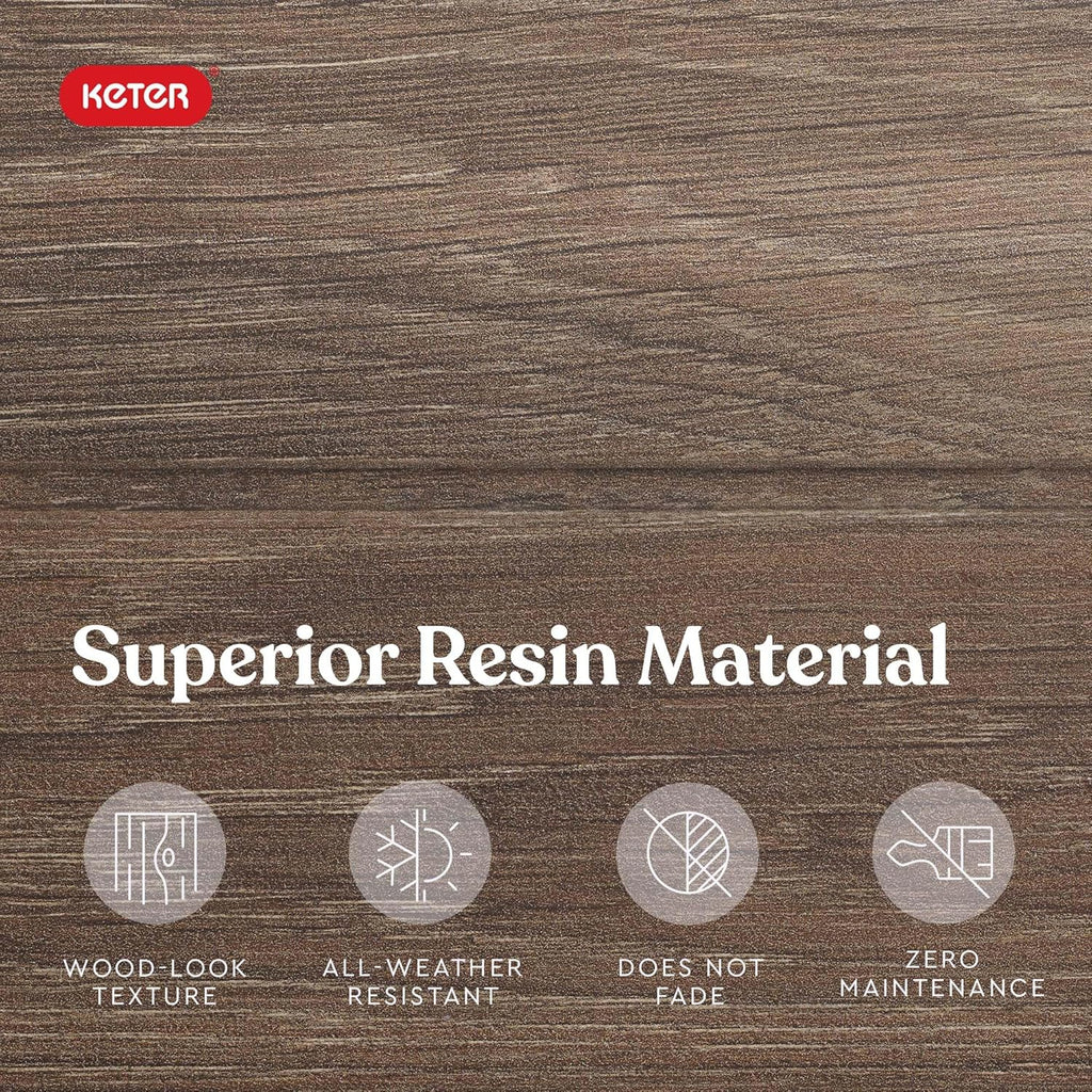 Keter Signature Everwood 50 Gallon Resin Outdoor Storage Box and Patio Furniture Side Table for Pool and Garden Accessories, Walnut