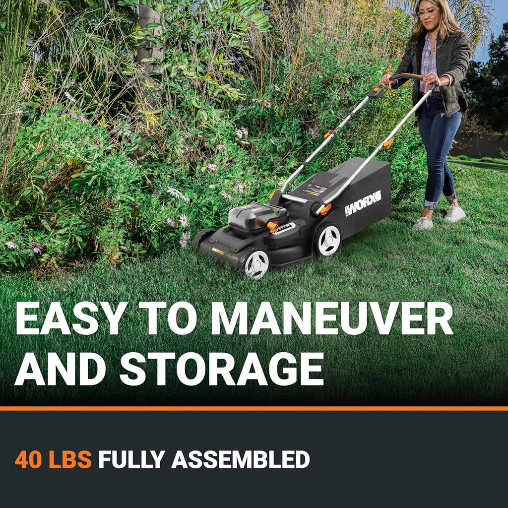 WORX 40V 17'' Cordless Lawn Mower for Medium Size Yards, 2-in-1 Electric Mower Cuts to Edge, Compact & Lightweight Push Lawn Mower with 6-Position Height Adjustment – 2 Batteries & Charger Included