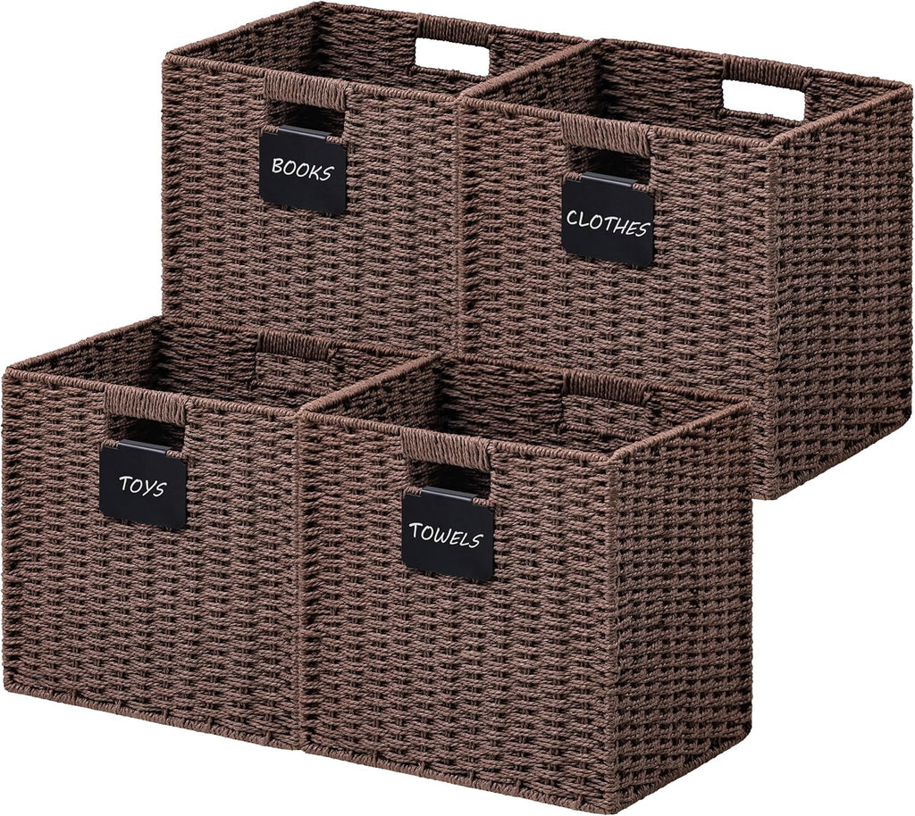 UBBCARE 4 Pack Wicker Basket, 10.5×10.5 Storage Cubes with Label, Foldable Cube Storage Bin with Handle, Square Storage Basket for Shelves, Woven Paper Rope Basket for Organizing, Brown