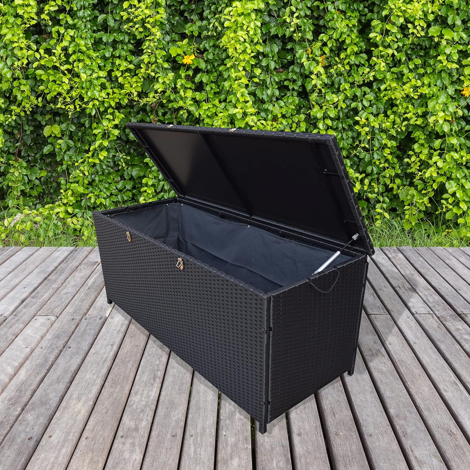 Oakland Living Dark Black Indoor and Outdoor Balcony Patio Deck Porch Pool 113 Gallon Wicker Storage Box Trunk Bin with Metal Frame